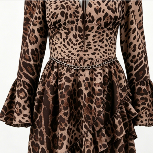 Women Leopard Print Flare Sleeve Asymmetrical Dress