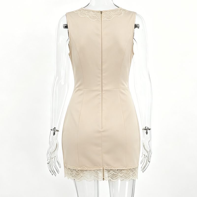 V-Neck Lace Trim Zip Front Sleeveless Bodycon Dress