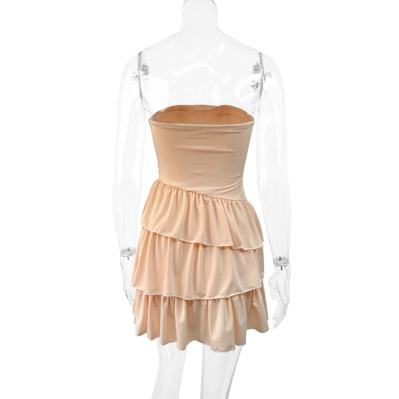 Peach Ruched Tube Top Tiered Ruffle Mini Dress