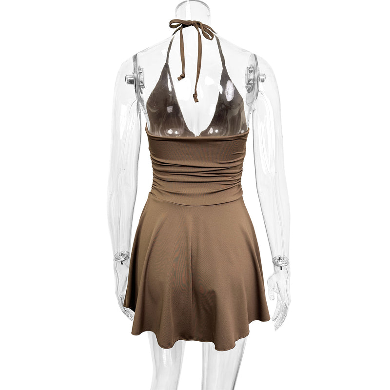Brown Halter Neck Ruched Asymmetrical Mini Dress