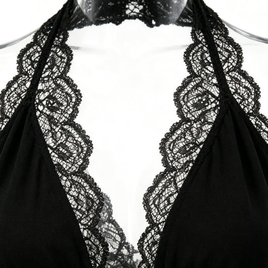 Black Lace Trim Halter Neck Asymmetrical Glitter Midi Dress