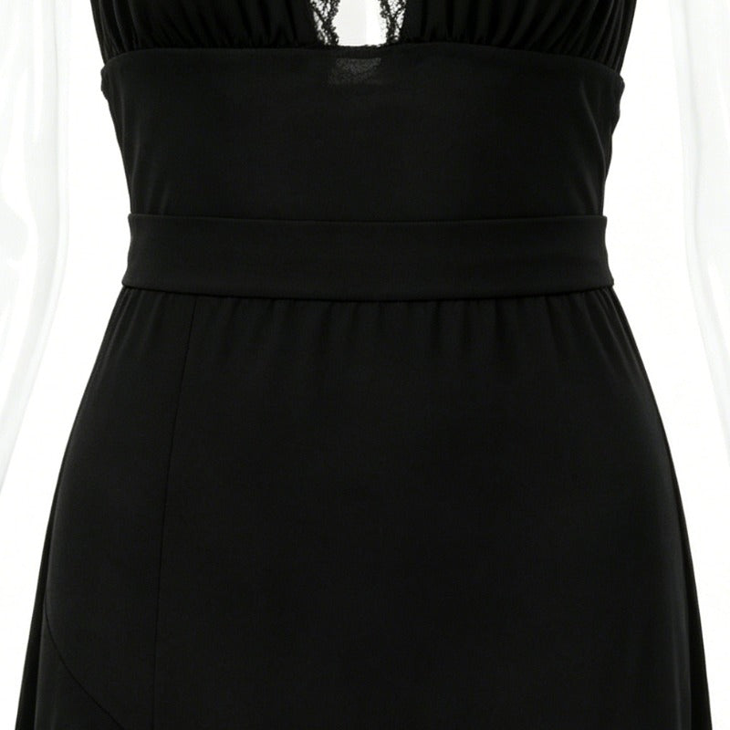 Black Lace Trim Halter Neck Asymmetrical Glitter Midi Dress