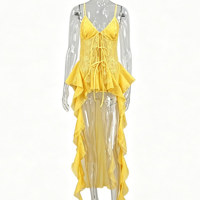 Yellow Lace Up Front Asymmetrical Ruffle Maxi Cami Dress