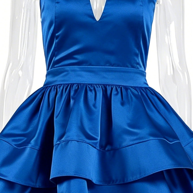 Royal Blue Satin Halter Neck Tiered Ruffle Mini Dress
