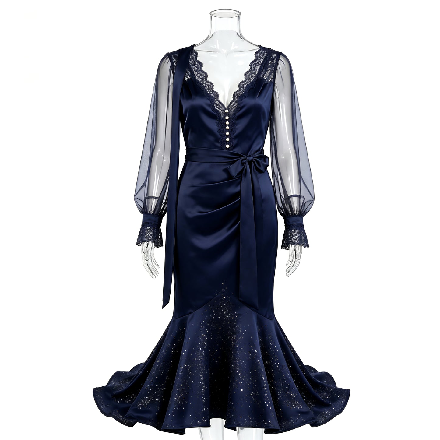 Navy Blue Satin V-Neck Lace & Glitter Midi Party Dress