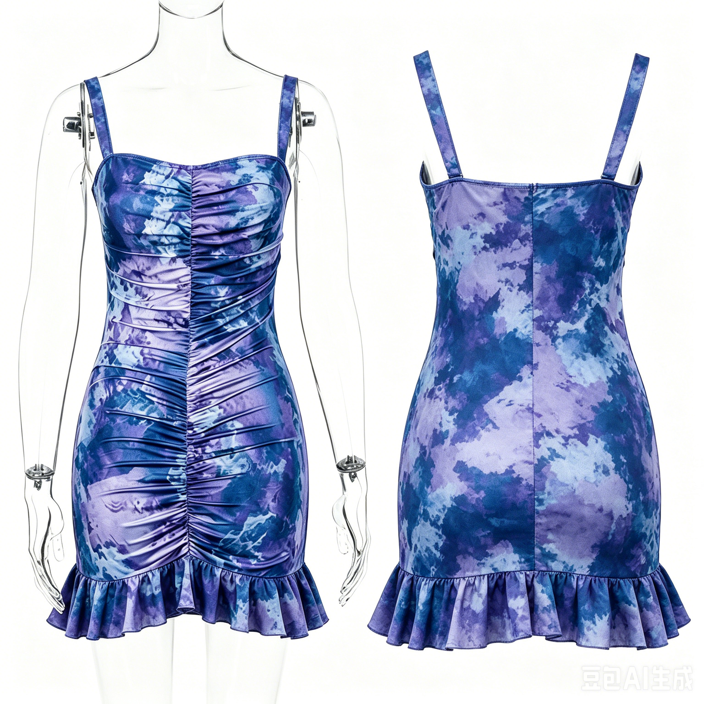 Purple & Blue Tie-Dye Polka Dot Ruffle Hem Fitted Slip Dress