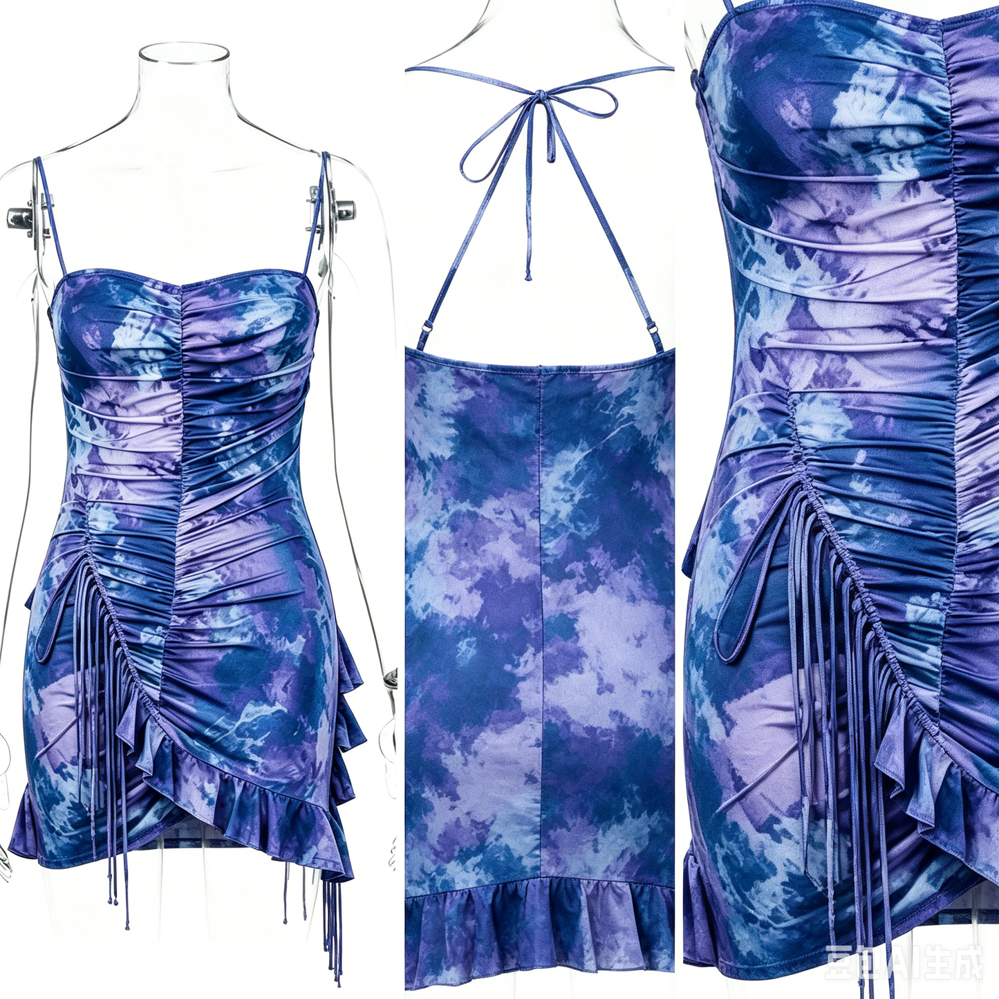 Blue & Purple Tie-Dye Ruched Fringe Asymmetrical Ruffle Slip Dress