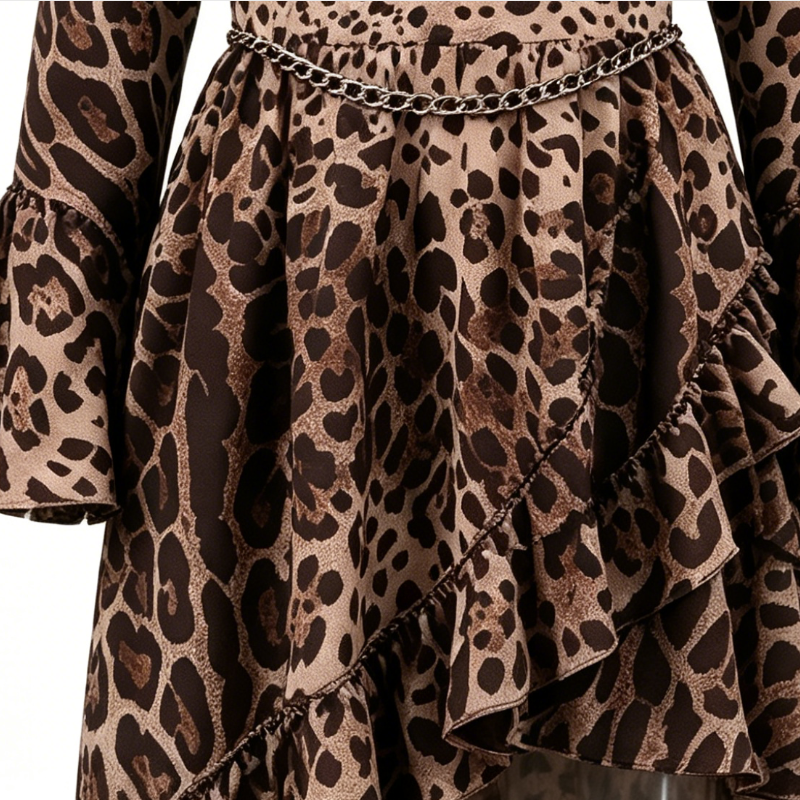 Women Leopard Print Flare Sleeve Asymmetrical Dress