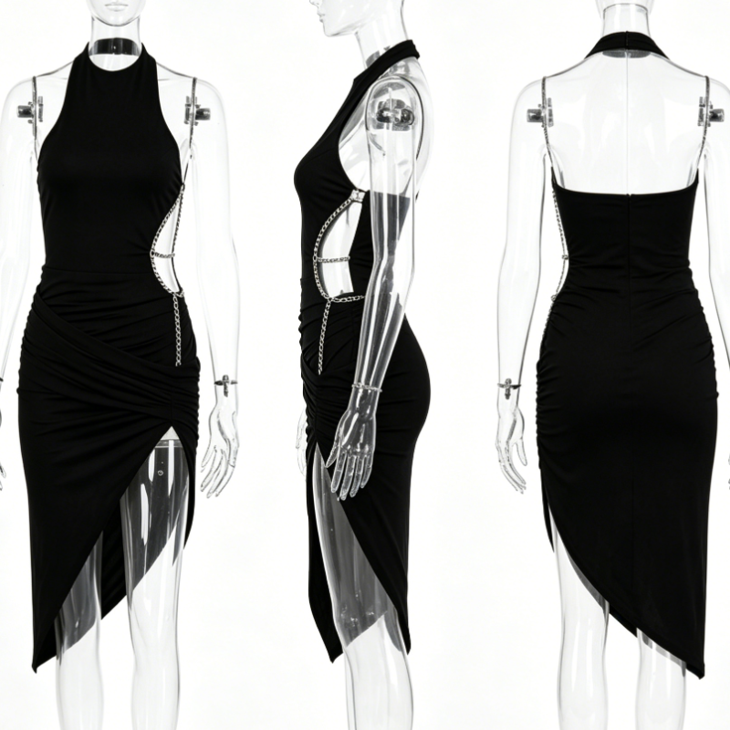 Women Black Chain Halter Cutout Dress