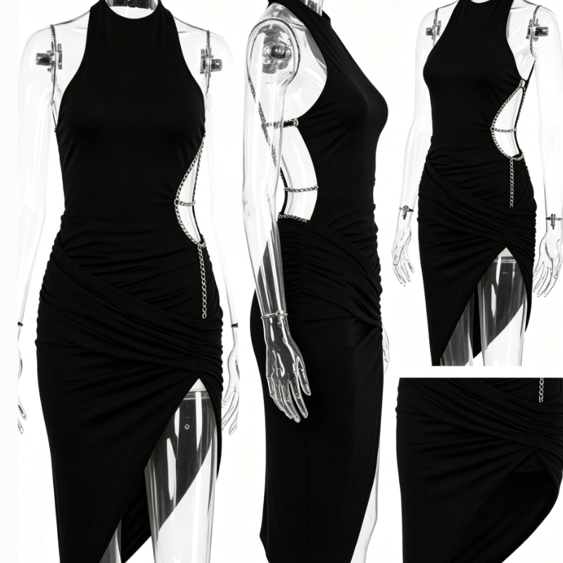 Women Black Chain Halter Cutout Dress