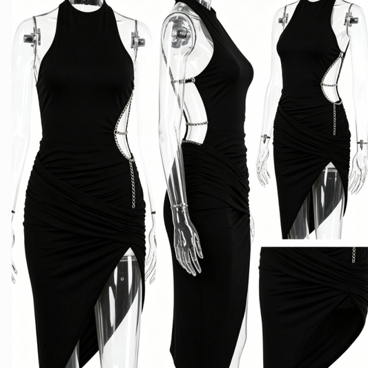 Women Black Chain Halter Cutout Dress