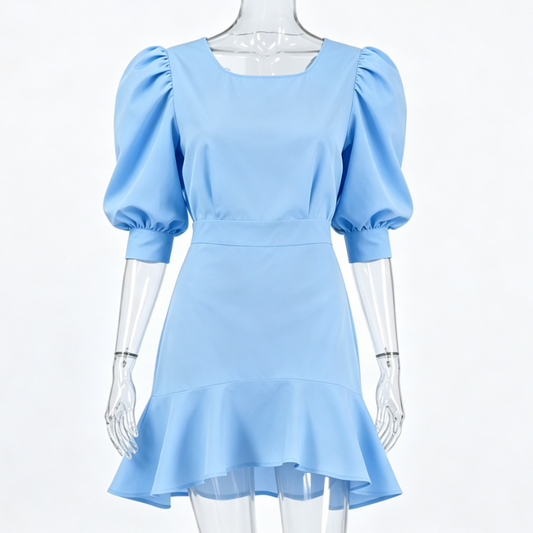 French-style square neckline puff sleeve ruffle dress