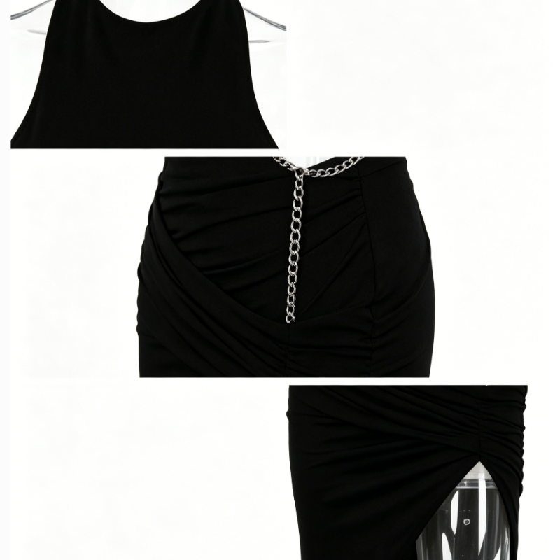 Women Black Chain Halter Cutout Dress