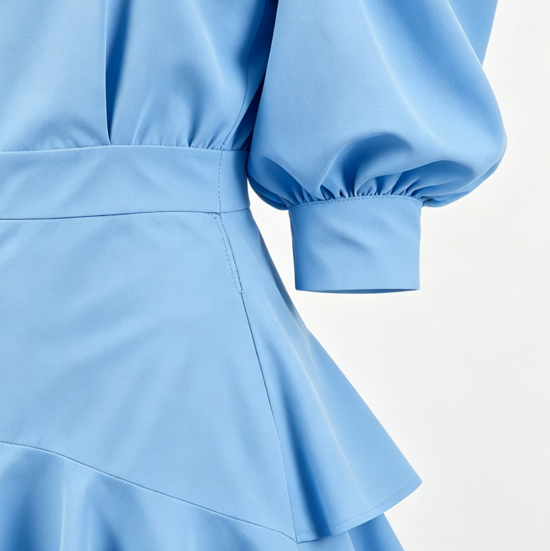 French-style square neckline puff sleeve ruffle dress
