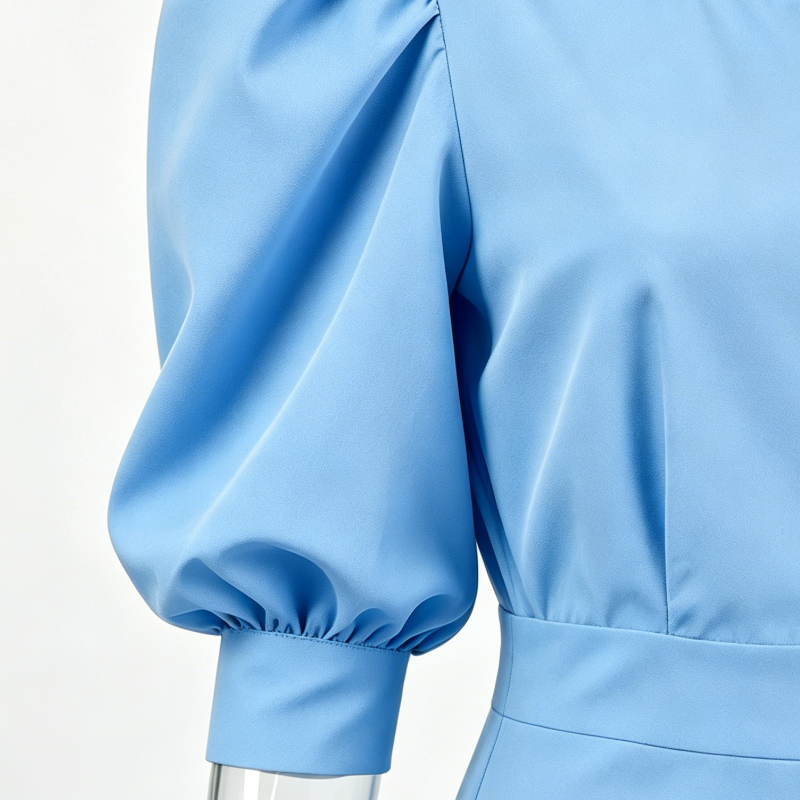 French-style square neckline puff sleeve ruffle dress