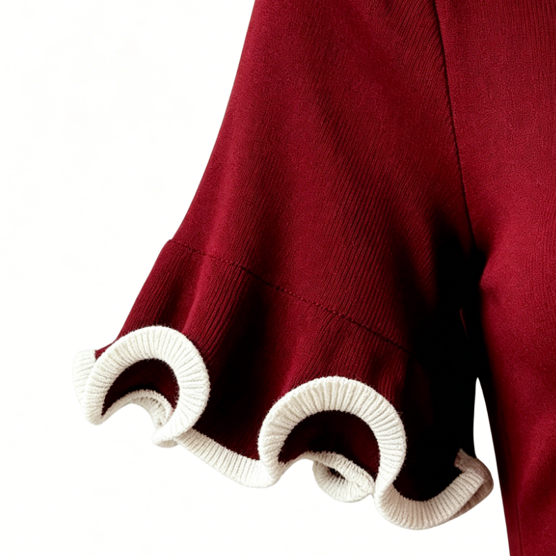Retro burgundy color-blocked ruffled knit pencil skirt