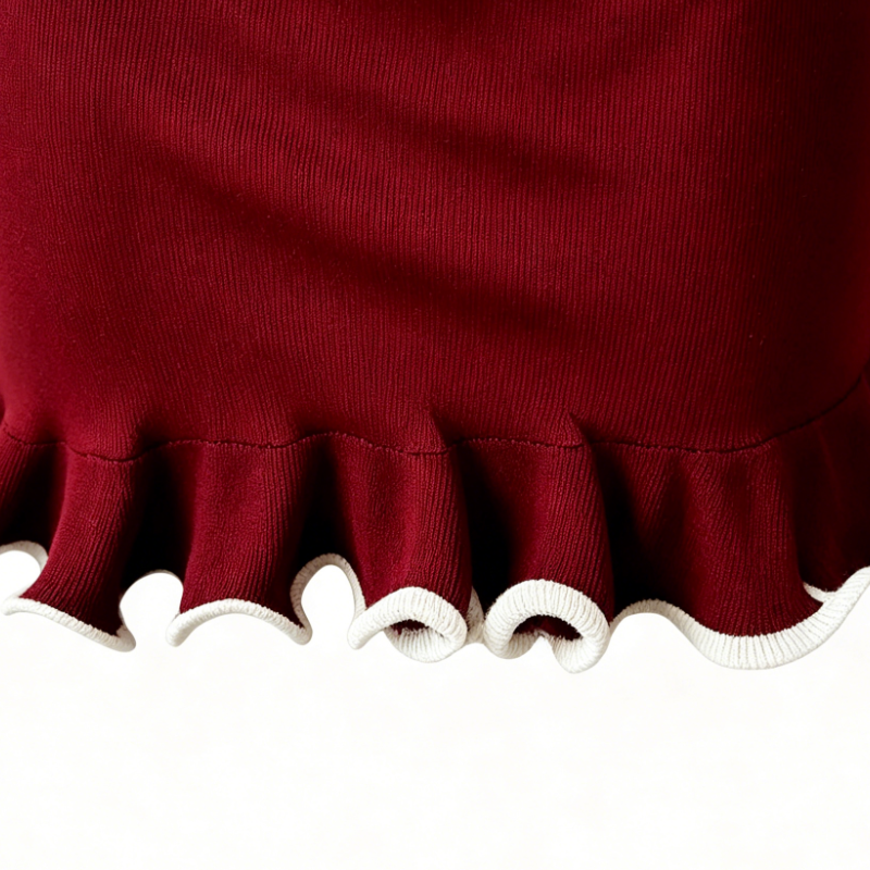 Retro burgundy color-blocked ruffled knit pencil skirt