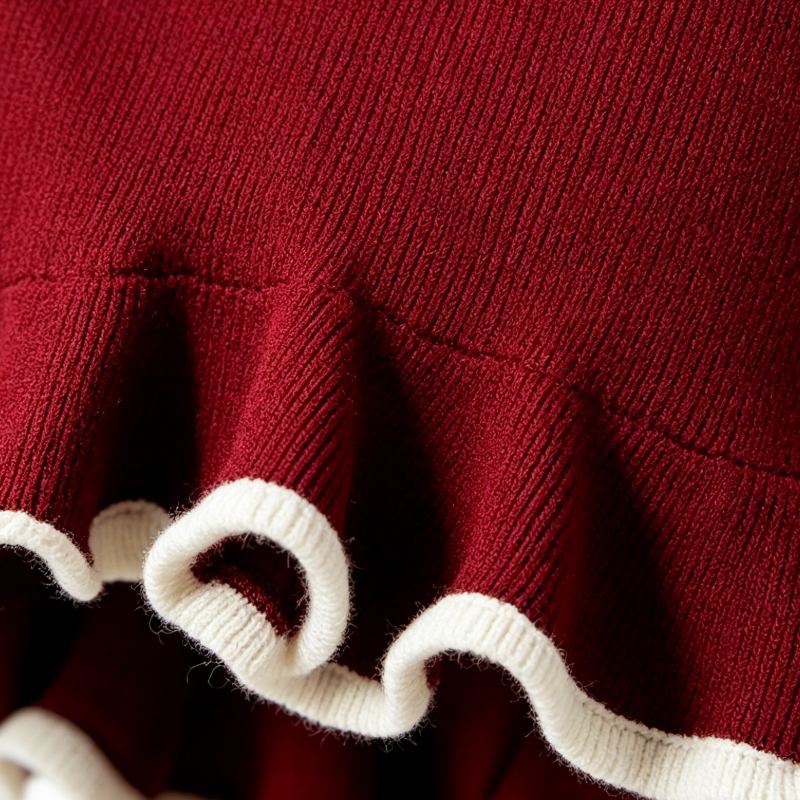 Retro burgundy color-blocked ruffled knit pencil skirt