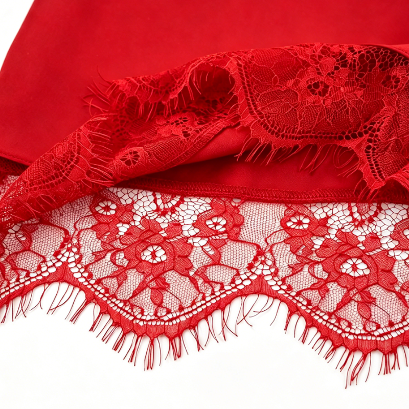 Mature and sophisticated red satin lace slit bodycon skirt