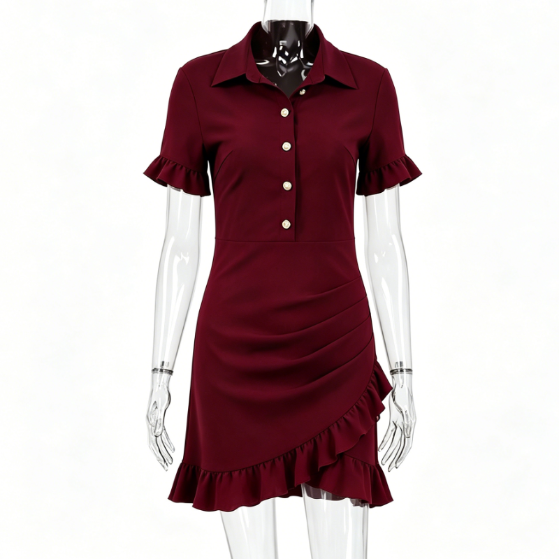 Sophisticated burgundy shirt-collar dress with a fitted waist and ruffled hem