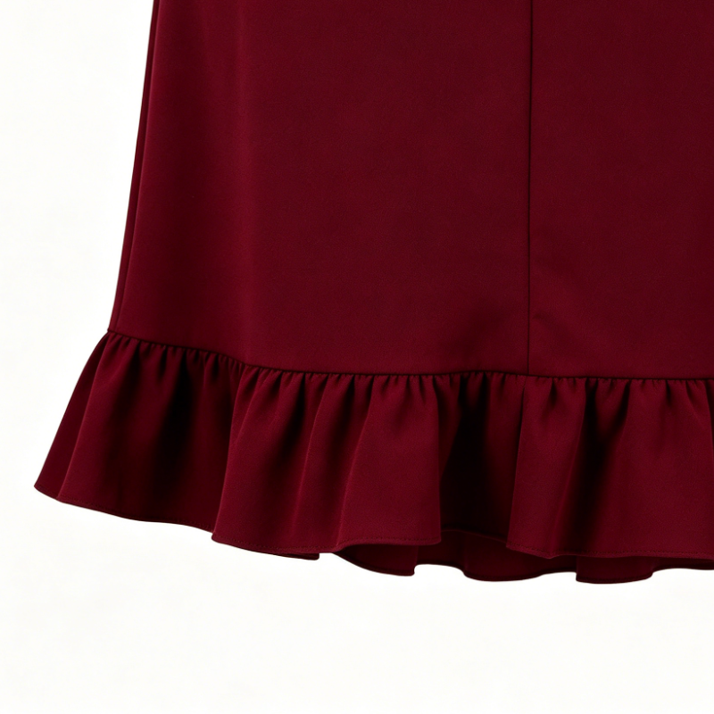 Sophisticated burgundy shirt-collar dress with a fitted waist and ruffled hem