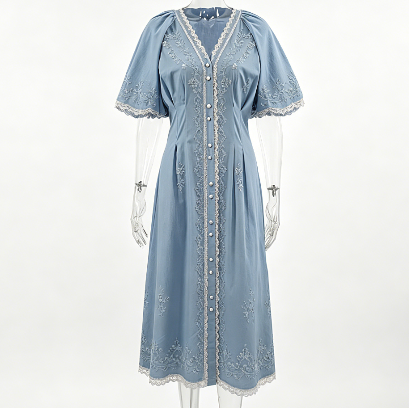 Women Dusty Blue French Embroidered Tea Dress