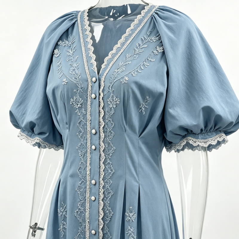 Women Dusty Blue French Embroidered Tea Dress