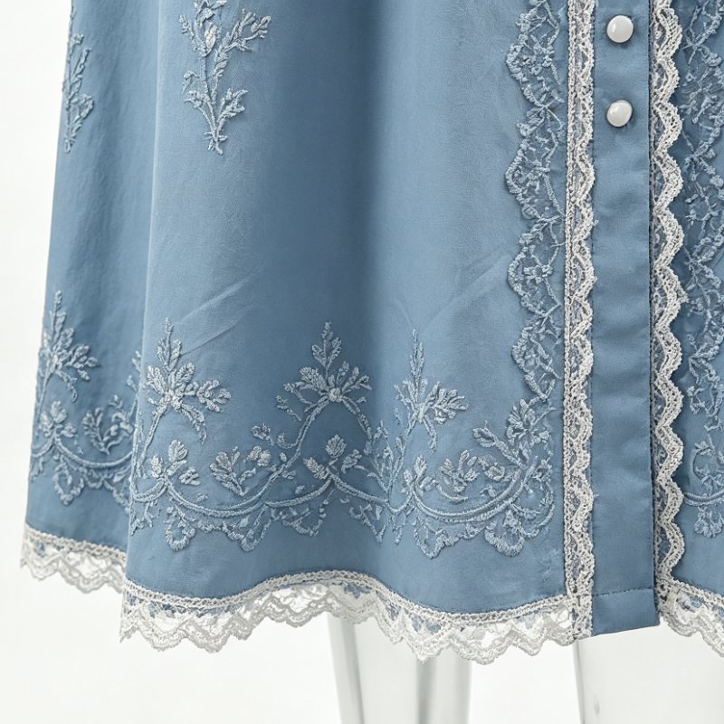 Women Dusty Blue French Embroidered Tea Dress