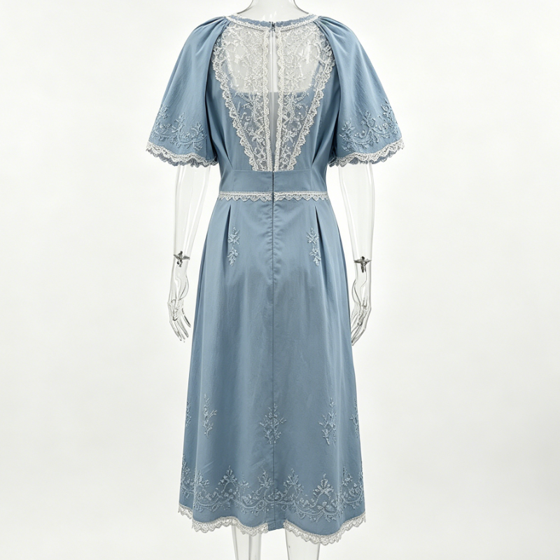 Women Dusty Blue French Embroidered Tea Dress