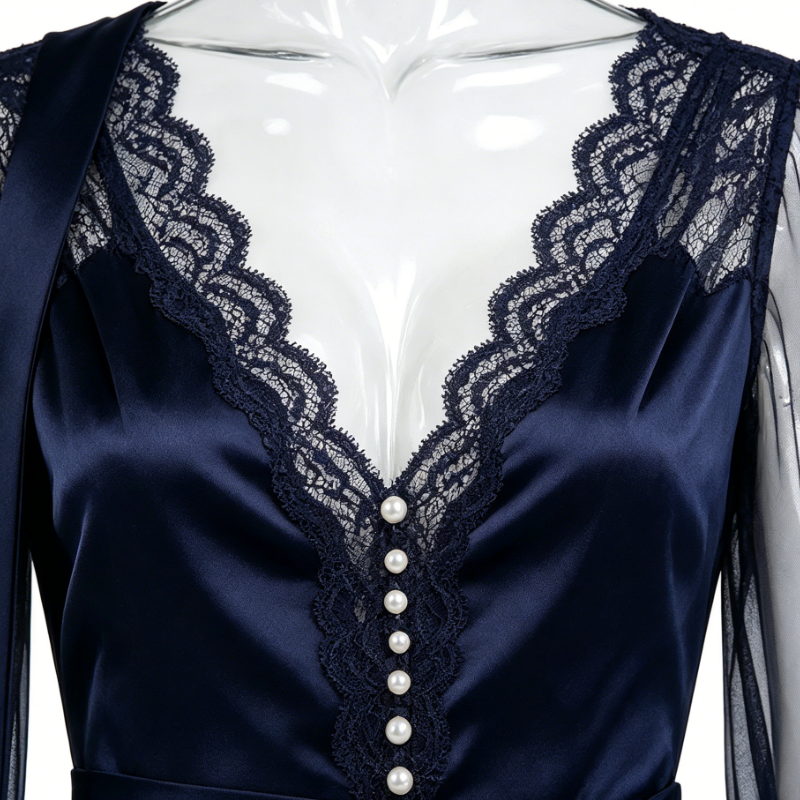 Navy Blue Satin V-Neck Lace & Glitter Midi Party Dress
