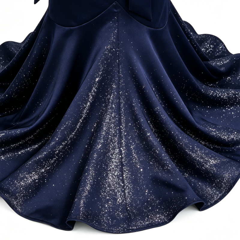 Navy Blue Satin V-Neck Lace & Glitter Midi Party Dress