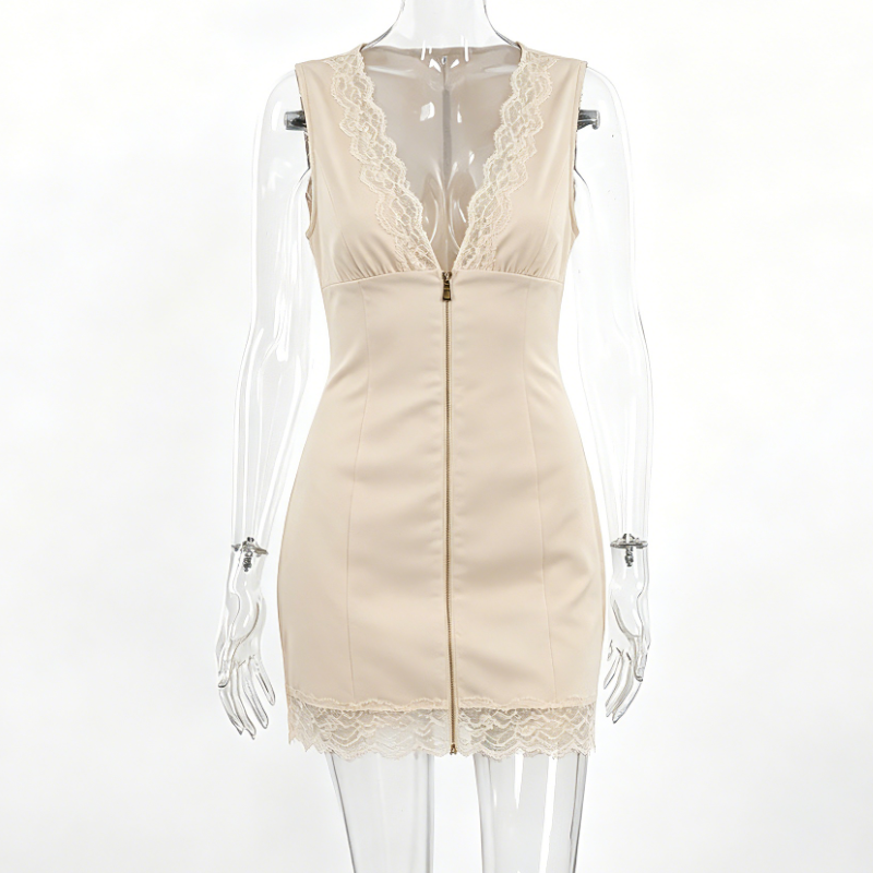 V-Neck Lace Trim Zip Front Sleeveless Bodycon Dress