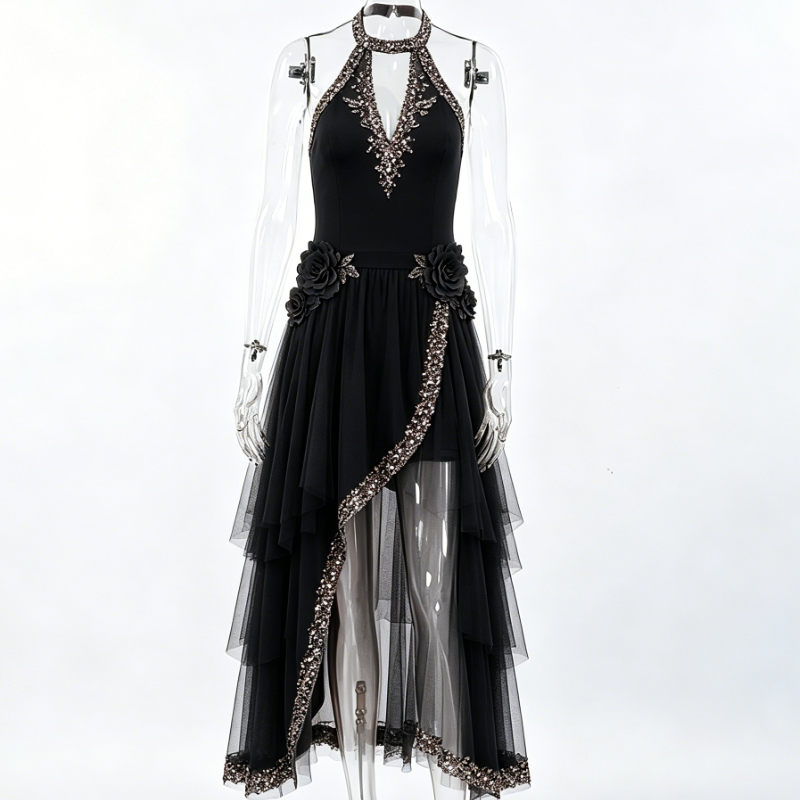 Women Black Rose Beaded Halter Tulle Evening Dress