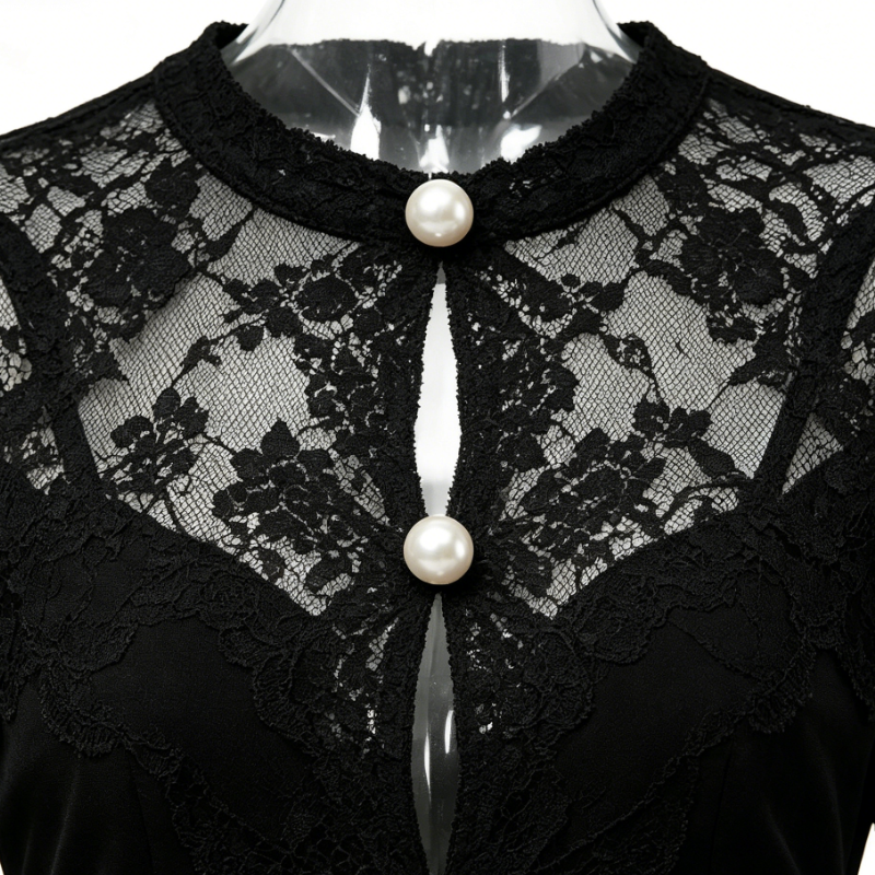 Black Lace Yoke Pearl Button Ruffle Slit Midi Dress