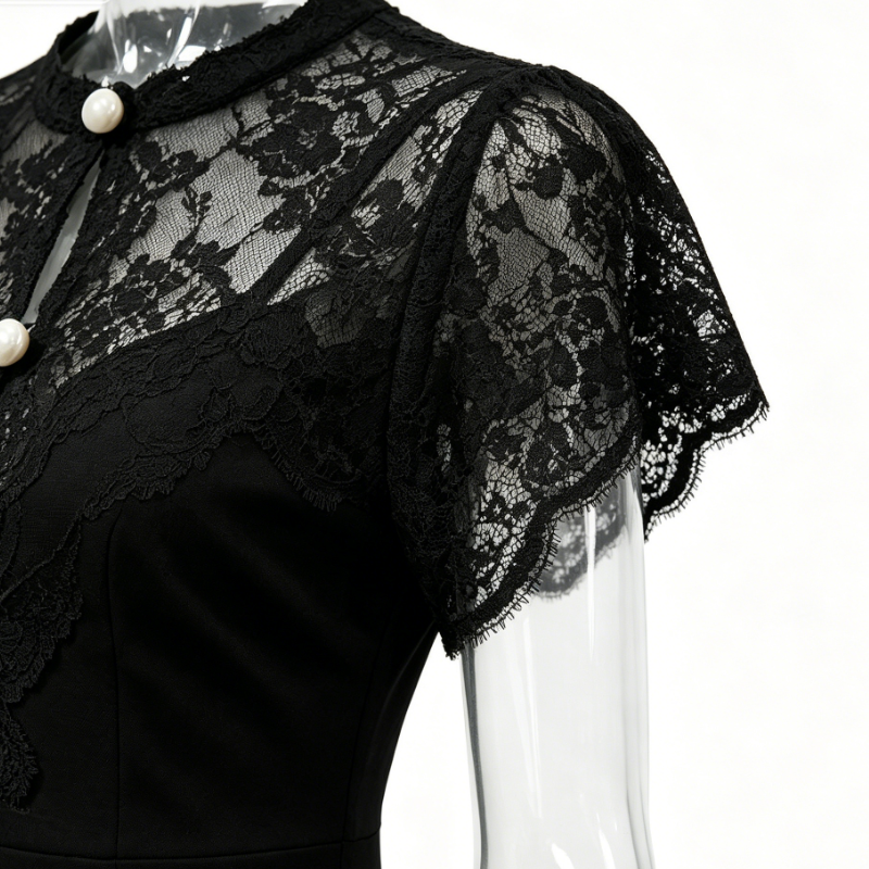 Black Lace Yoke Pearl Button Ruffle Slit Midi Dress