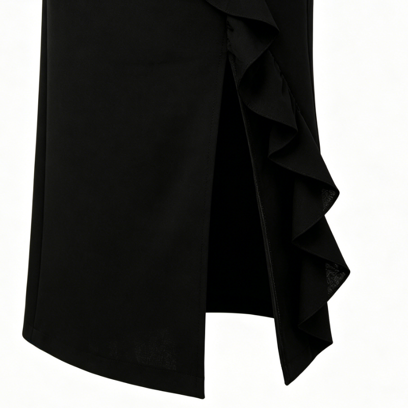 Black Lace Yoke Pearl Button Ruffle Slit Midi Dress