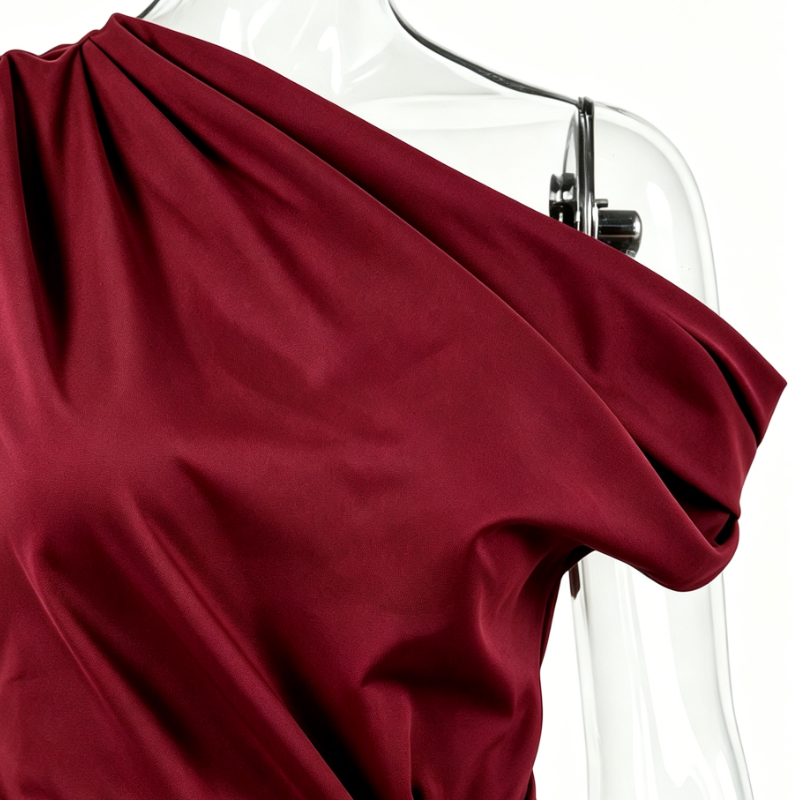Women's One-Shoulder Draped Ruched Waist Flare Hem Wine Red Dress