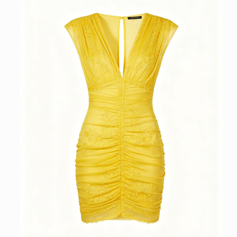 Yellow Ruched Lace-Embroidered Deep V-Neck Bodycon Mini Dress