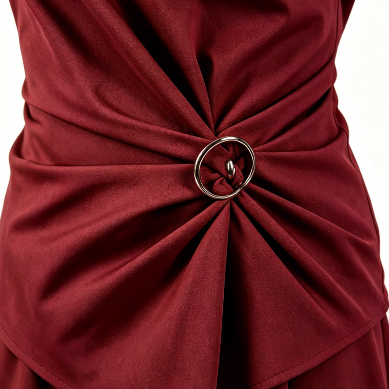Women's One-Shoulder Draped Ruched Waist Flare Hem Wine Red Dress