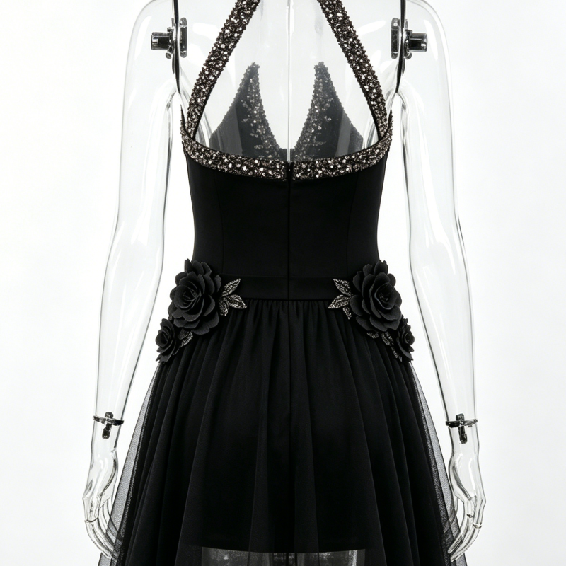 Women Black Rose Beaded Halter Tulle Evening Dress
