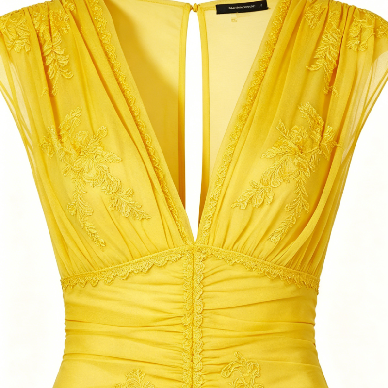 Yellow Ruched Lace-Embroidered Deep V-Neck Bodycon Mini Dress