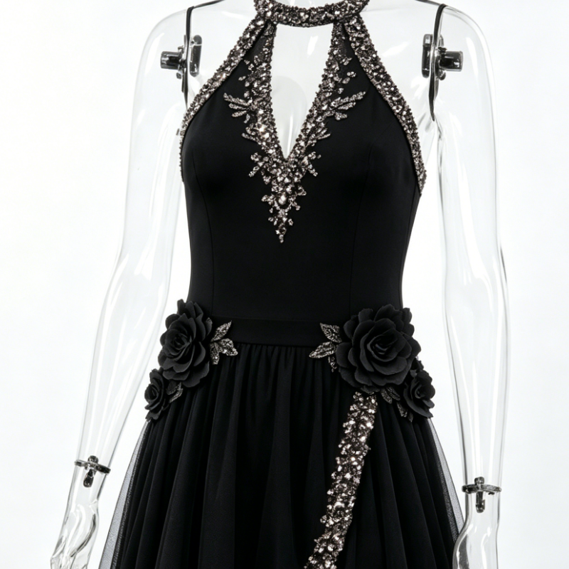 Women Black Rose Beaded Halter Tulle Evening Dress