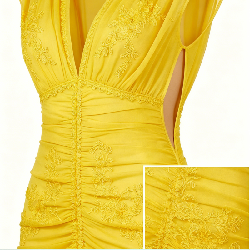 Yellow Ruched Lace-Embroidered Deep V-Neck Bodycon Mini Dress