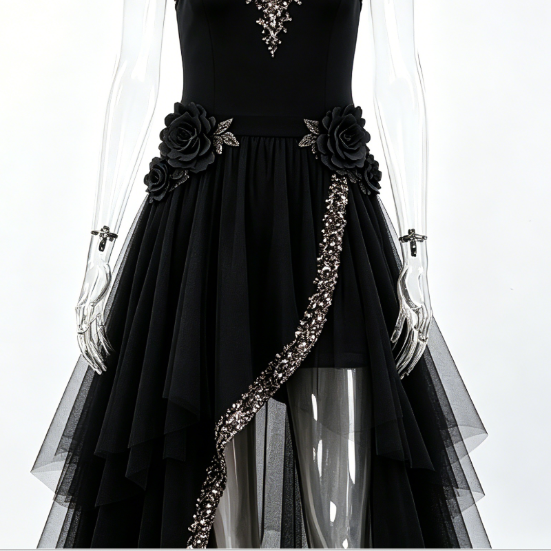 Women Black Rose Beaded Halter Tulle Evening Dress