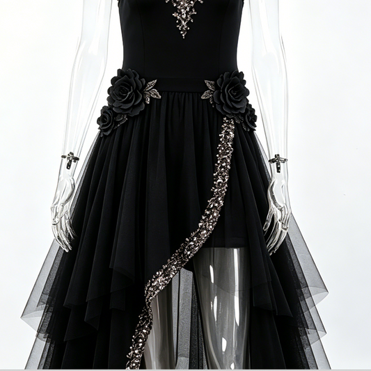 Women Black Rose Beaded Halter Tulle Evening Dress