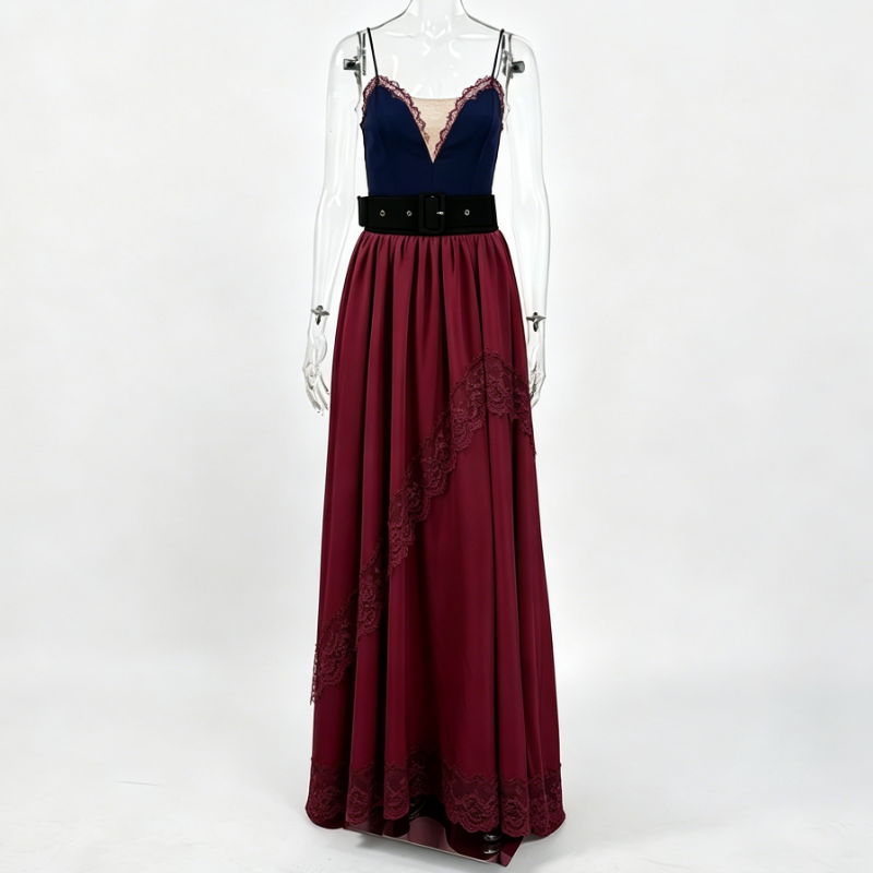 Women Burgundy Lace Slip Evening Gown