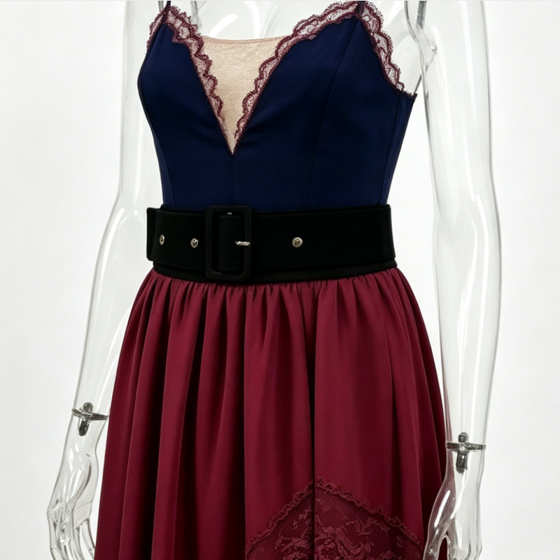 Women Burgundy Lace Slip Evening Gown