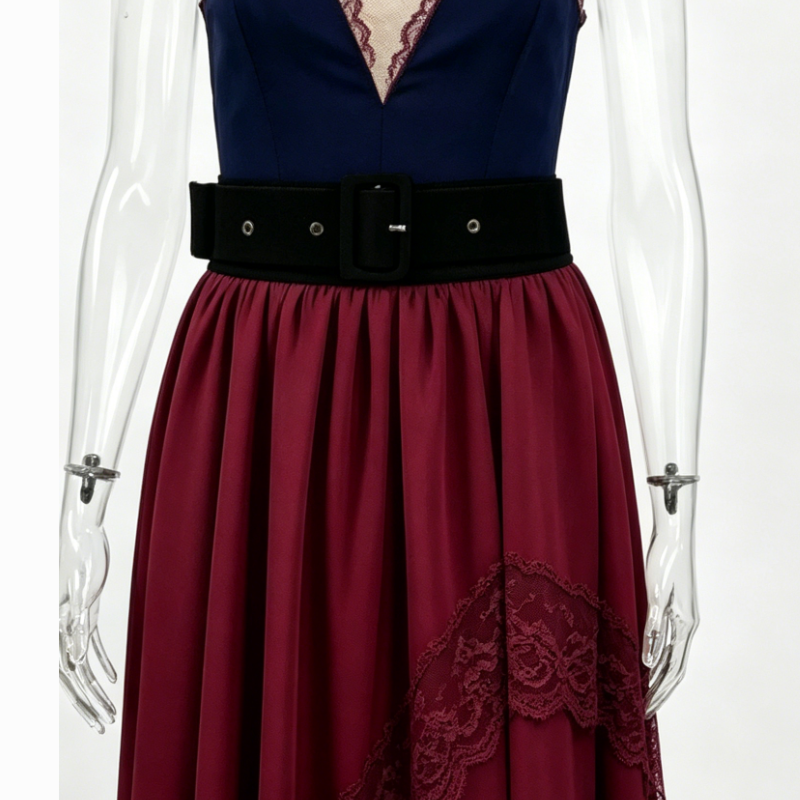 Women Burgundy Lace Slip Evening Gown