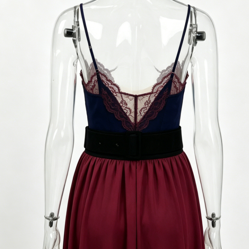 Women Burgundy Lace Slip Evening Gown