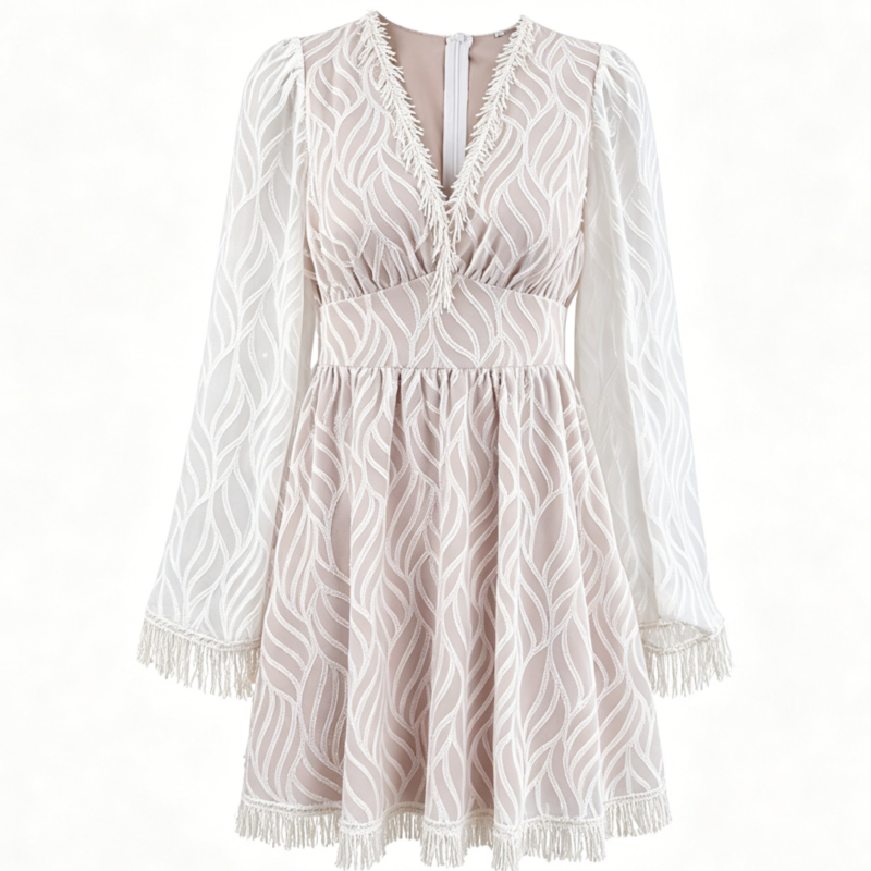 White Lace Overlay V-Neck Flare Sleeve Fringe Trim Mini Dress
